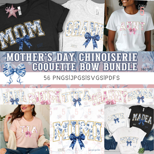 Personalized Mother’s Day Gift Chinoiserie Coquette Bow Digital Design SVG, PNG, JPG, PDF - Instant Download