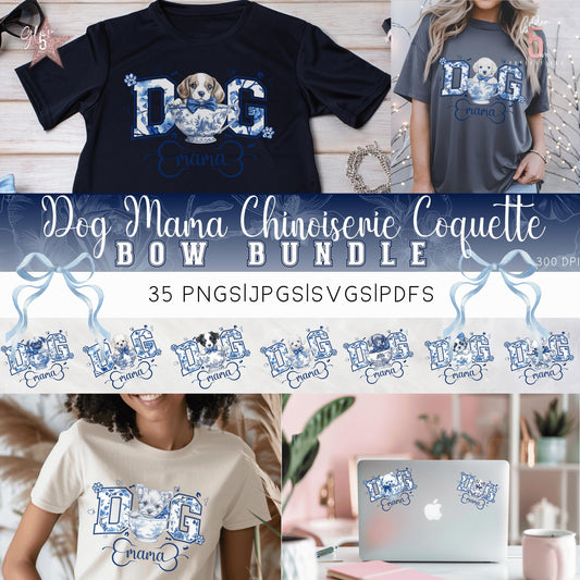 Dog Mom Chinoiserie Coquette Bow Dog Lover Digital Design SVG, PNG, JPG, PDF - Instant Download